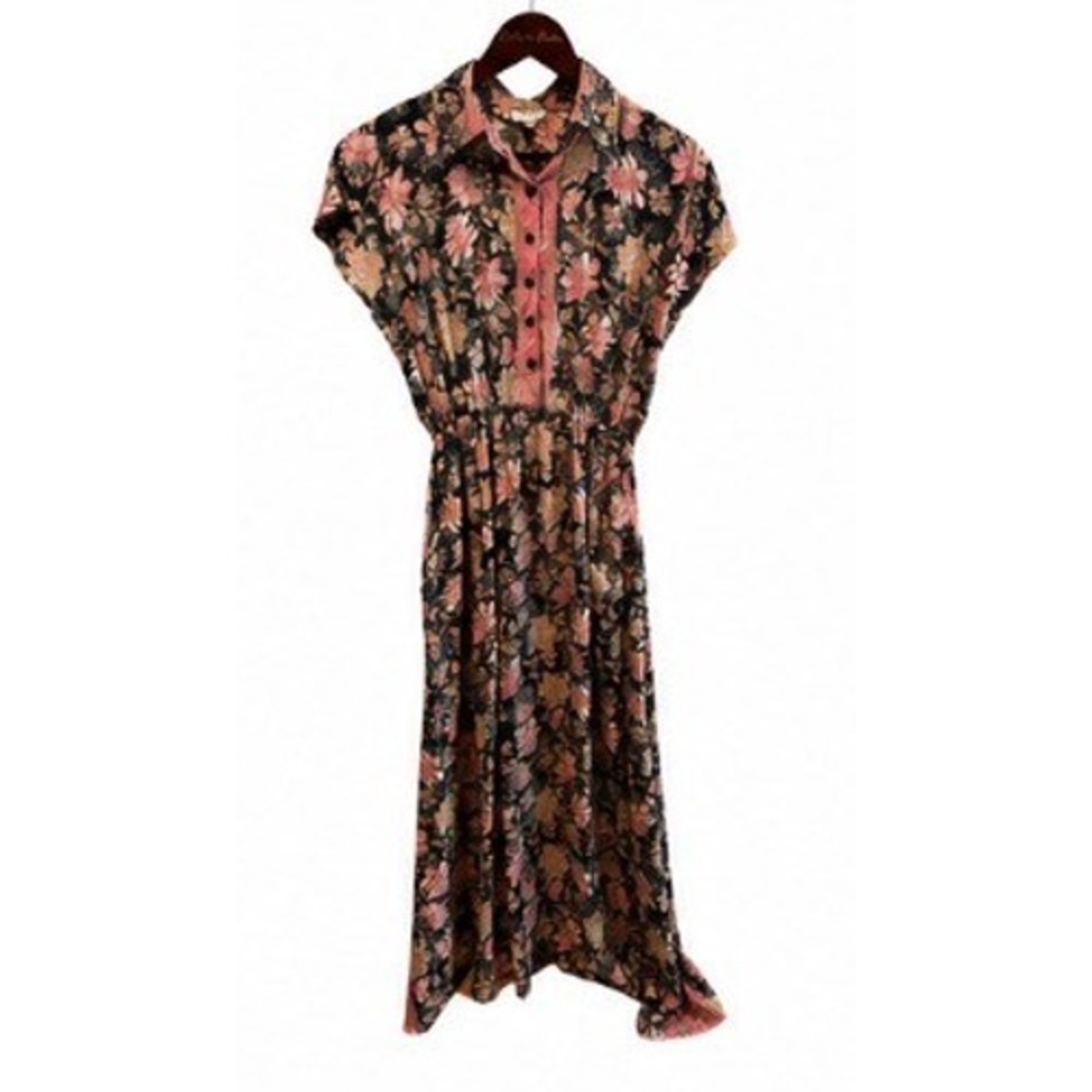 Paani Floral Paisley Maxi Dress Womens Medium Pink Gold EUC Boho Collared Button